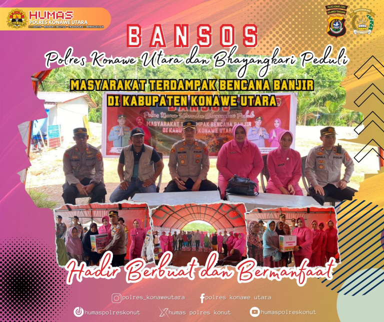 Kapolres Konut Bersama Ketua Bhayangkari Cabang Serahkan Bantuan Sosial Warga Terdampak Banjir