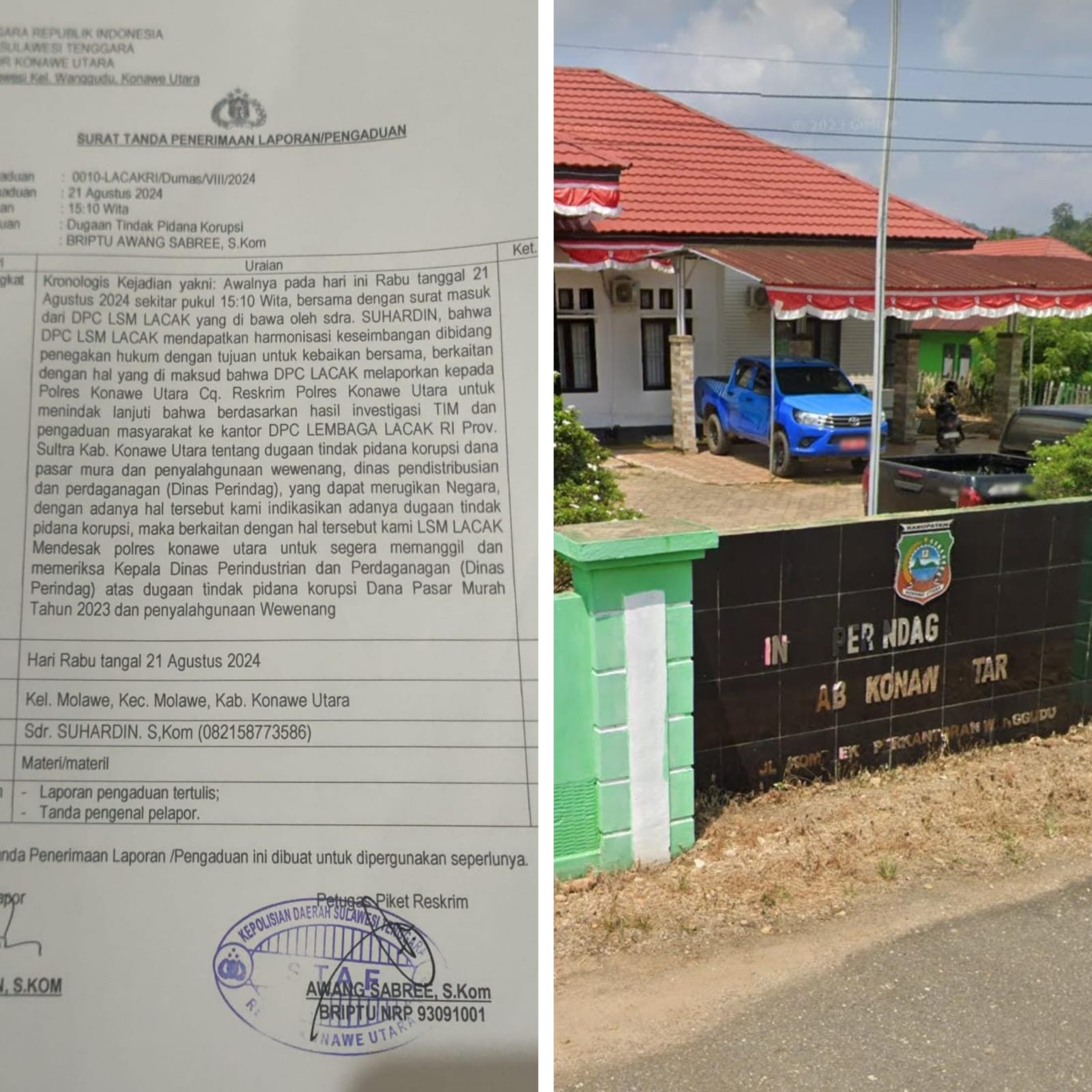 LSM Lacak Resmi Laporkan Dinas Perindag Di Polres Konut Atas Dugaan Tindak Pidana Korupsi Dan Penyalahgunaan Wewenang