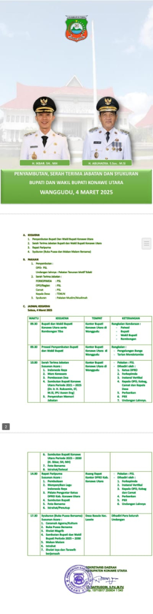 Tiba Di Konawe Utara, Berikut Jadwal Serah Terima Jabatan Dan Syukuran Bupati Dan Wakil Bupati