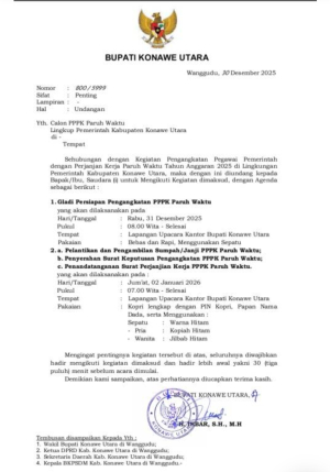 Pelantikan PPPK Paruh Waktu Dijadwalkan Bertepatan HUT Konawe Utara 2 Januari 2026