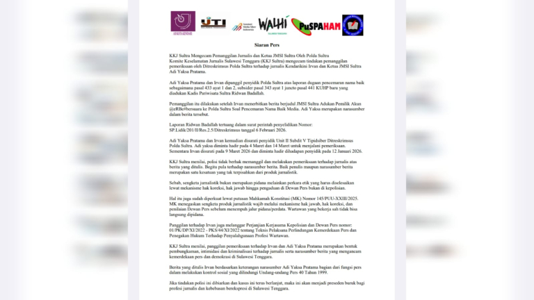 KKJ Sultra Kecam Pemanggilan Dua Jurnalis Oleh Polda Sultra Terkait Dugaan Pencemaran Nama Baik
