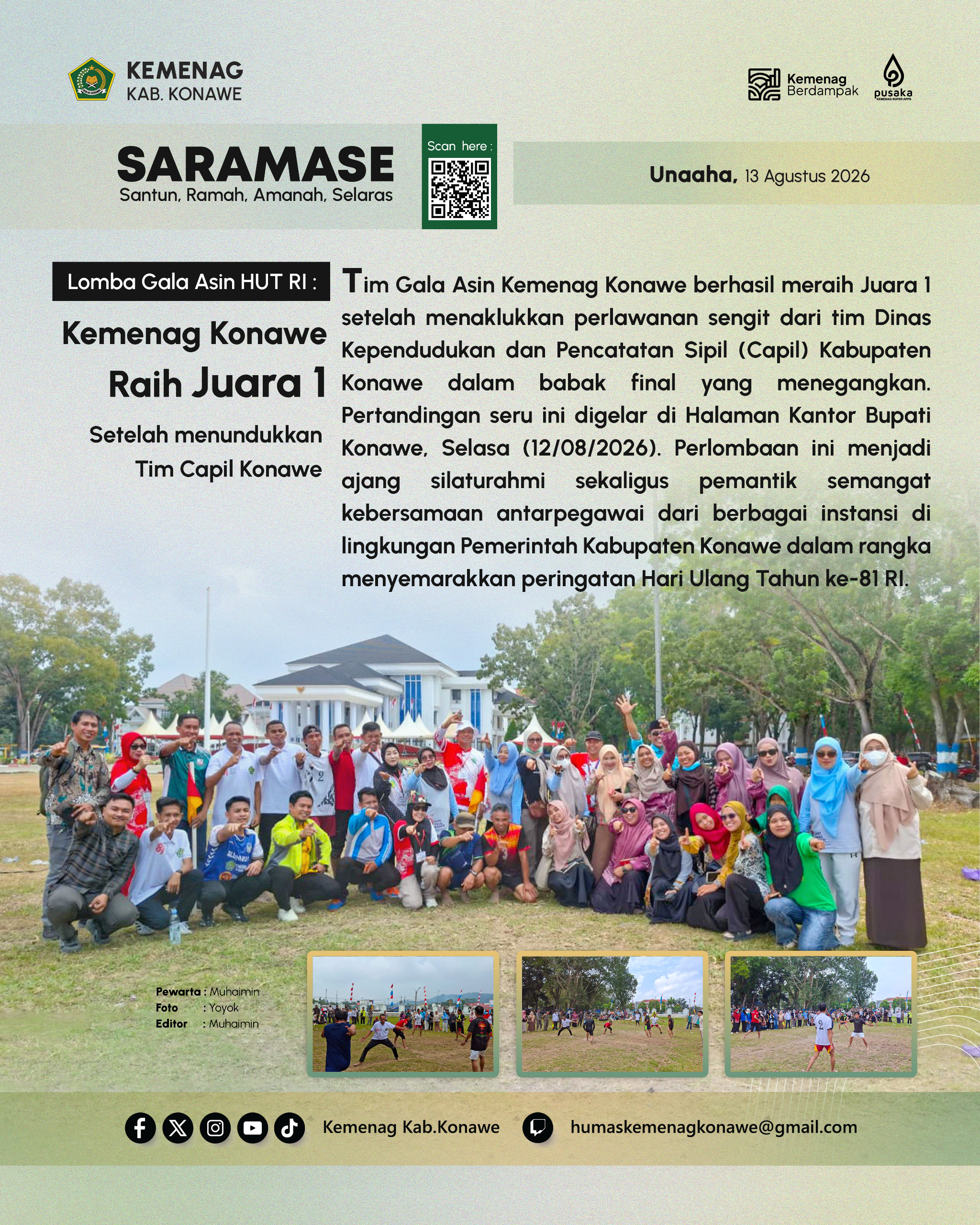 Kemenag Konawe Juara 1 Lomba Gala Asin HUT RI ke-81, Taklukkan Tim Capil di Final