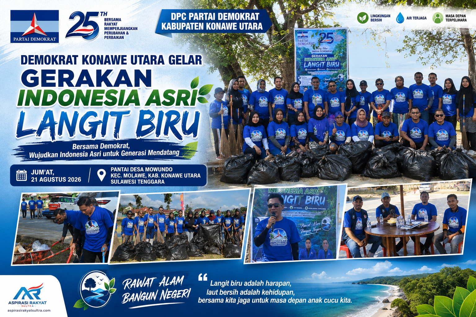 Demokrat Konawe Utara Gelar Gerakan “Indonesia Asri Langit Biru” di Pantai Mowundo