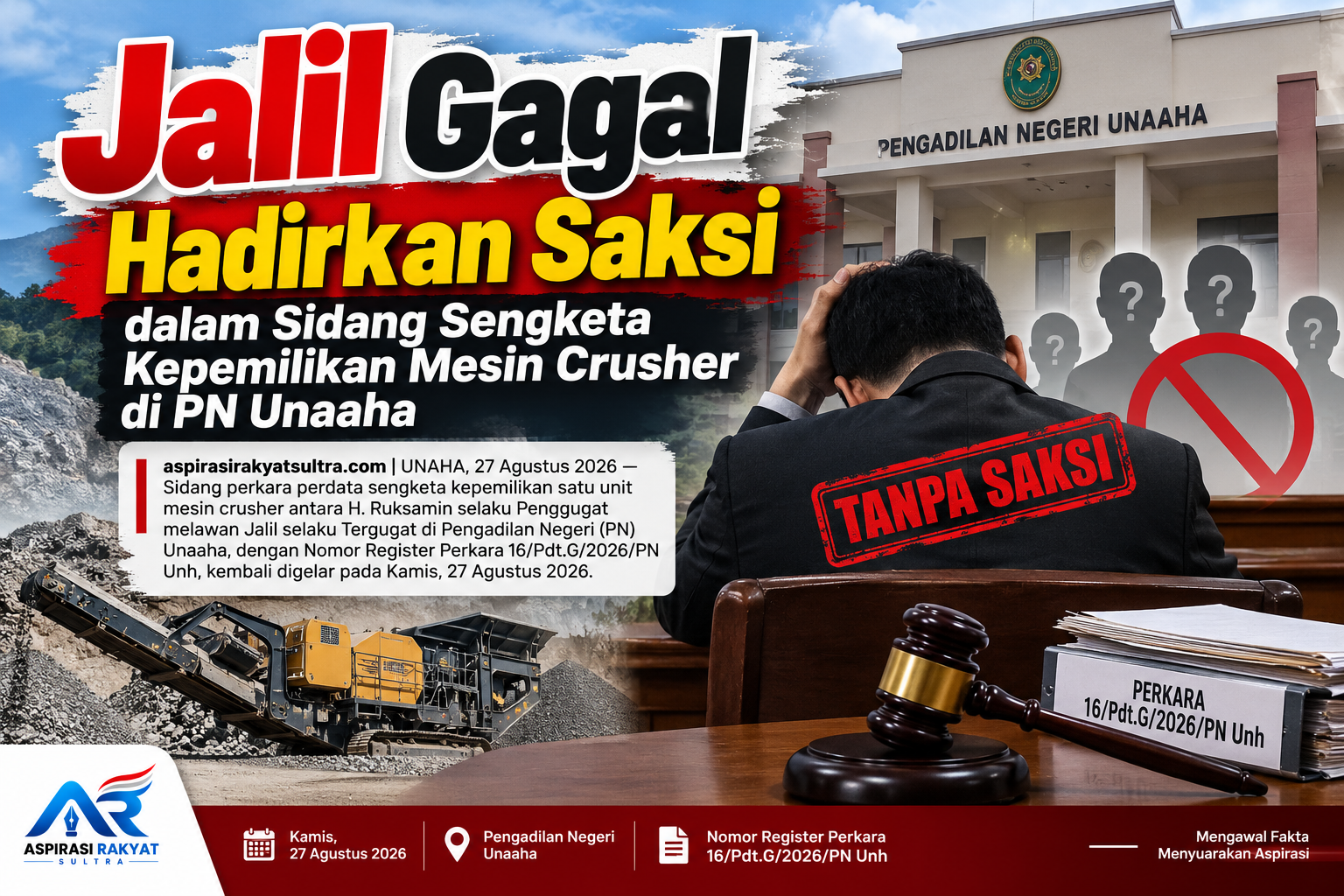 Jalil Gagal Hadirkan Saksi dalam Sidang Sengketa Kepemilikan Mesin Crusher di PN Unaaha