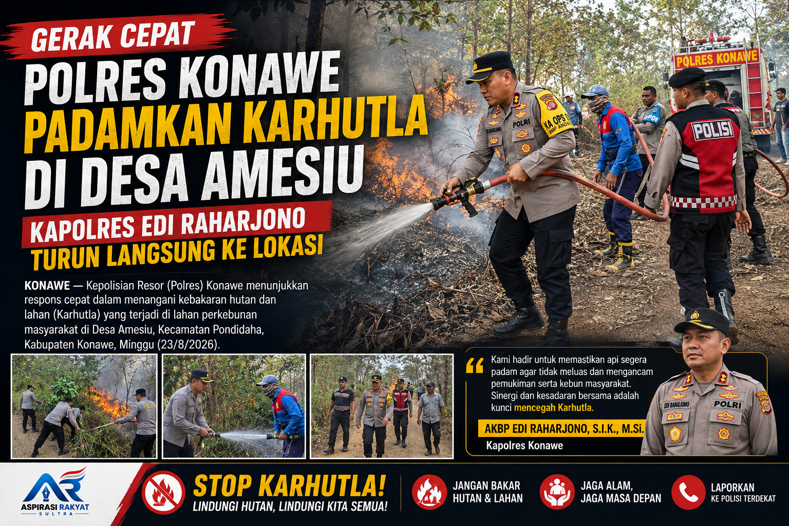 Gerak Cepat Polres Konawe Padamkan Karhutla di Desa Amesiu, Kapolres Edi Raharjono Turun Langsung ke Lokasi
