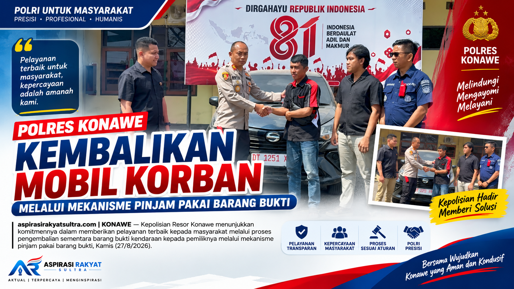 Polres Konawe Kembalikan Mobil Korban Melalui Mekanisme Pinjam Pakai Barang Bukti
