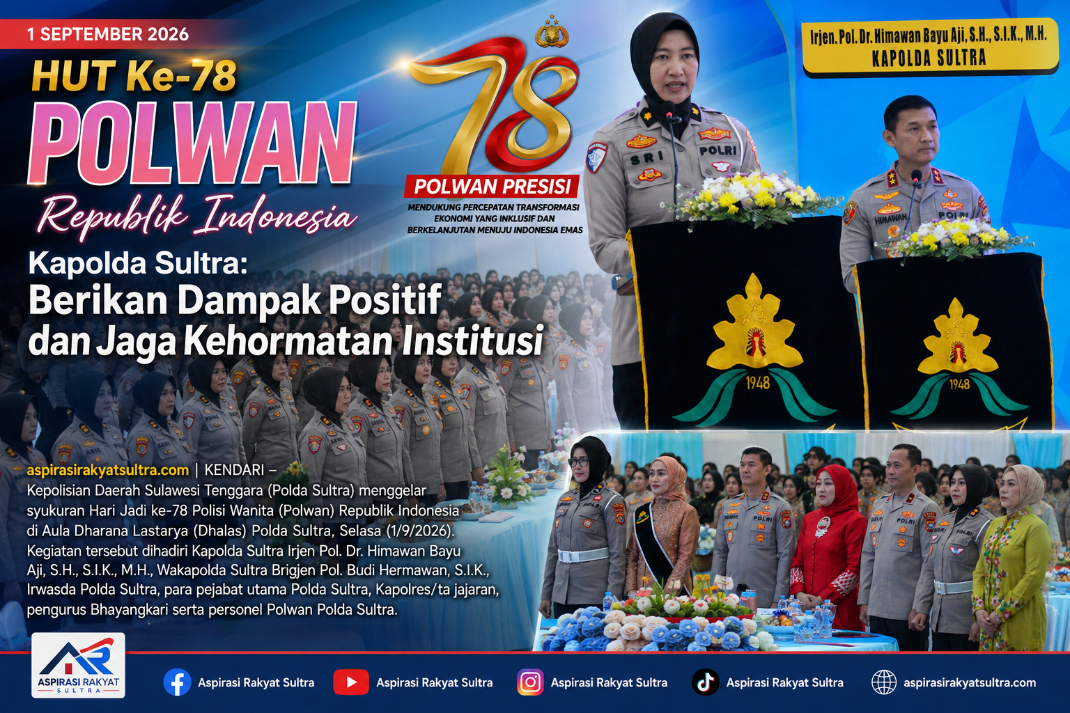 HUT ke-78 Polwan, Kapolda Sultra: Berikan Dampak Positif dan Jaga Kehormatan Institusi