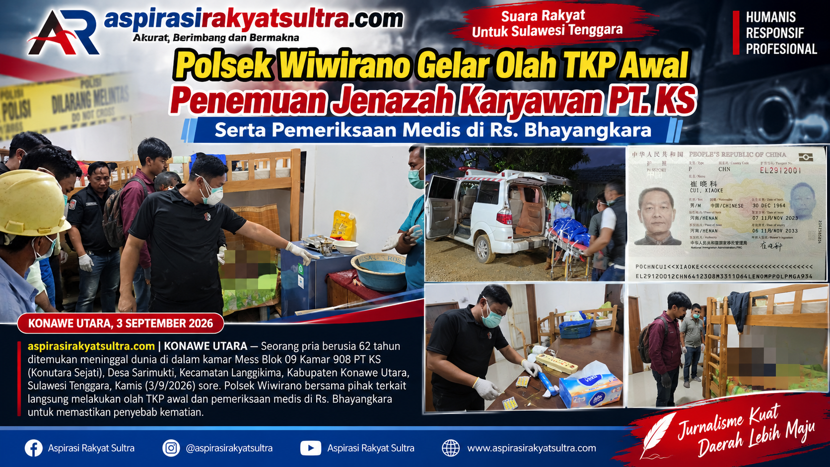 Polsek Wiwirano Gelar Olah TKP Awal Penemuan Jenazah Karyawan PT. KS Serta Pemeriksaan Medis di Rs. Bhayangkara